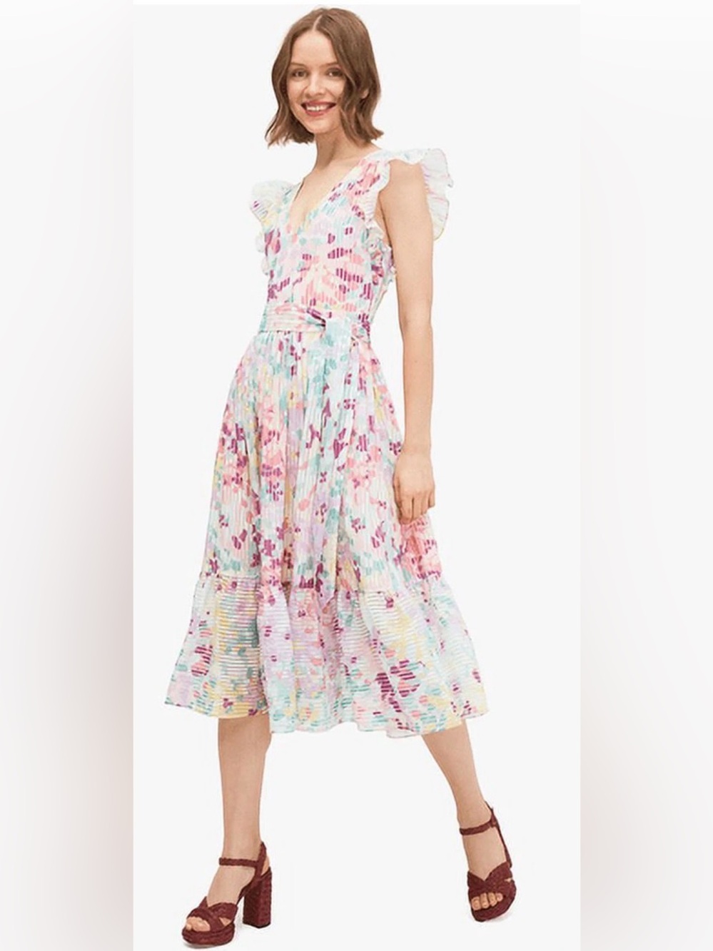 Kate Spade New York Painted Petals Burnout Swing Ruffled Sleeve Floral Dress NWT